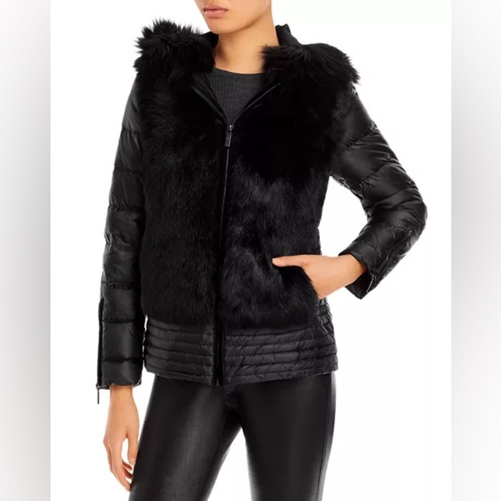 NWT Dawn Levy  Hooded Shearling Panel Coat